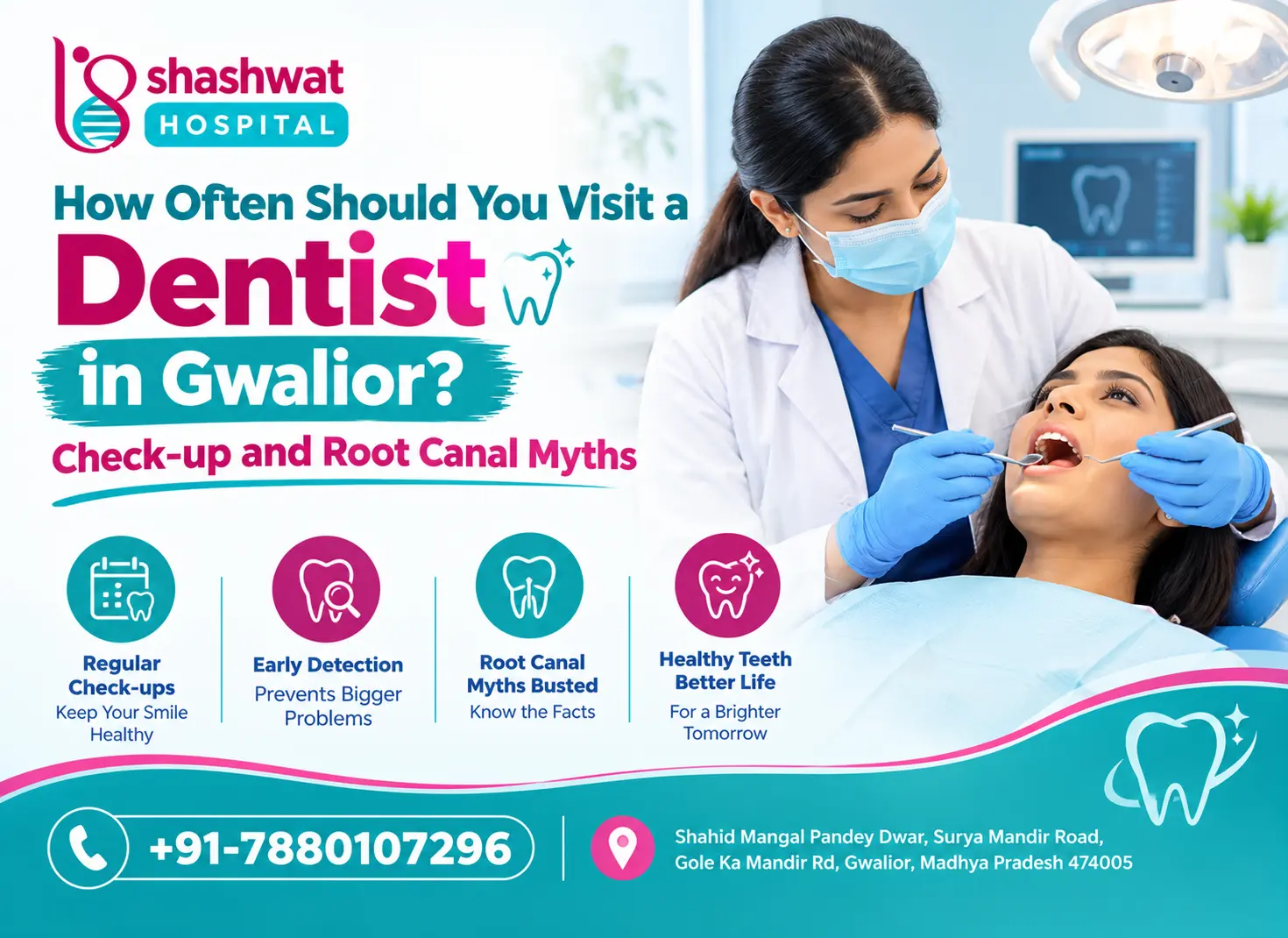 Shashwat Hospital dental care banner featuring a dentist examining a patient, highlighting regular dental check-ups, early detection of oral health problems, and common root canal myths in Gwalior.