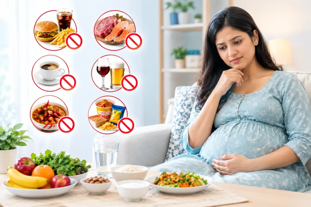 Pregnant Indian woman in a blue maternity dress with visual examples of foods and drinks to avoid during pregnancy, including fast food, raw meat, coffee, alcohol, and processed snacks.