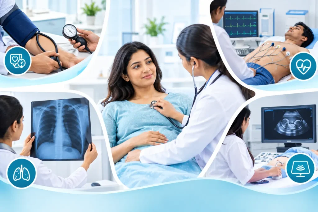 Health Checkup procedures including blood pressure measurement, ECG heart monitoring, chest X-ray, and ultrasound sonography, illustrating important diagnostic tests for routine health assessment.