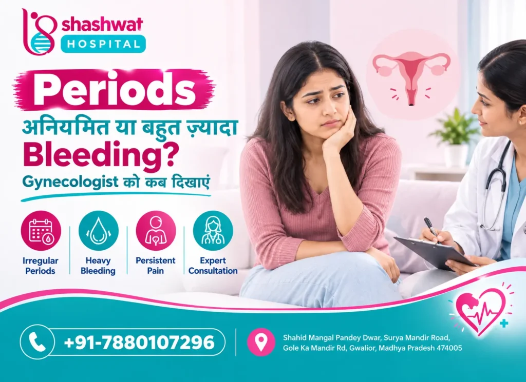 Irregular periods treatment Gwalior – gynecologist consulting a woman about irregular periods, heavy menstrual bleeding, and related symptoms at Shashwat Hospital.