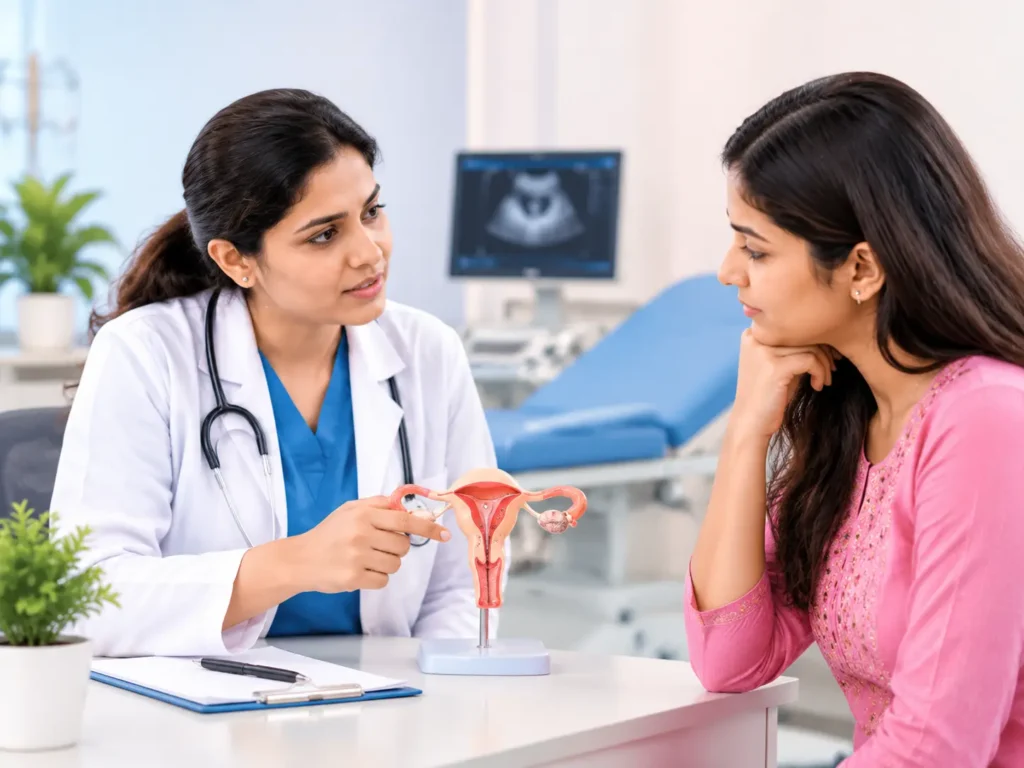 Gynecologist consultation for irregular periods treatment Gwalior, with a female doctor explaining menstrual health and reproductive concerns to a woman using a uterus model.