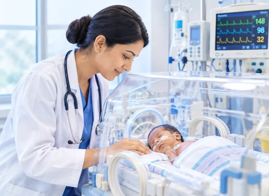 Female doctor gently caring for a newborn in a neonatal intensive care unit (NICU), with the baby resting in a transparent incubator alongside medical monitoring equipment.