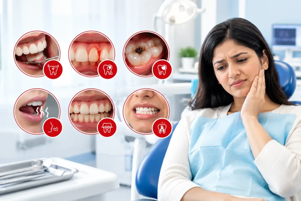 Woman experiencing tooth pain in a dental clinic with visual examples of tooth sensitivity, bleeding gums, cavities, bad breath, teeth alignment issues, and other dental warning signs that require attention.