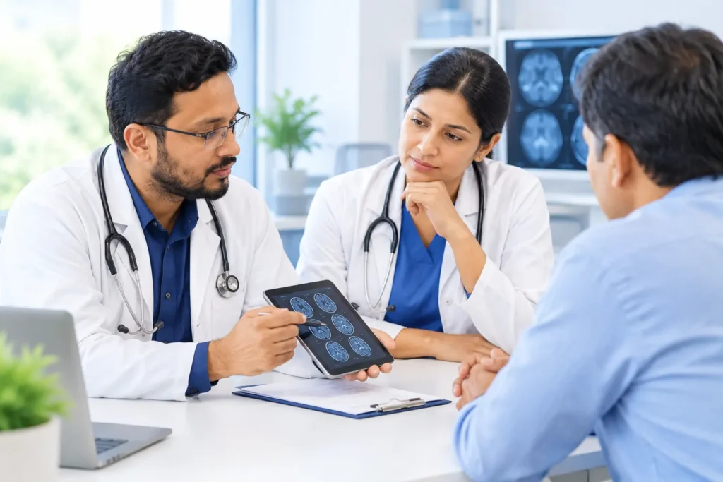 Two doctors reviewing medical scans with a patient during a consultation to explain the importance of a second medical opinion and informed treatment decisions.